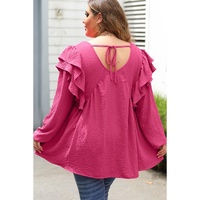 Pink Crinkle Ruffled V Neck Plus Size Blouse - 1X thumbnail