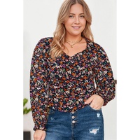 Black Plus Size V Neck Bubble Sleeve Floral Blouse - 2X thumbnail