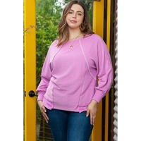 Azura Exchange Pink Plus Size Exposed Seam Terry Long Sleeve Top - 1X thumbnail