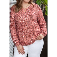 Leopard Print Long Sleeve Ruffled Babydoll Plus Size Blouse - 1X thumbnail