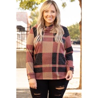 Mineral Red Plus Size Plaid Print Button Decor Asymmetric Neck Top - 1X thumbnail