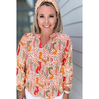 Orange Printed Floral Abstract Print Frilled V Neck Plus Size Blouse - 1X thumbnail