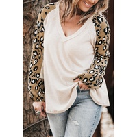 Beige Printed Plus Size Waffle Knit Contrast Leopard Long Sleeve Top - 1X thumbnail