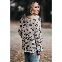 Gray Printed Leopard Balloon Sleeve Thermal Knit Plus Size Top - 1X thumbnail