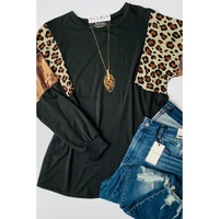 Black Leopard Sequin Patch Plus Size Long Sleeve Top - 1X thumbnail