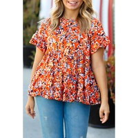 Orange Floral Printed Ruffle Sleeve Curvy Babydoll Blouse - 1X thumbnail