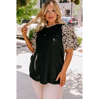 Black Daisy Printed Short Bubble Sleeve Plus Size Tunic Top - 1X thumbnail