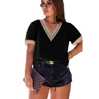 Black Lace Trim Short Sleeve V Neck Plus Size Top - 2X thumbnail