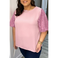 Pink Contrast Sequin Bubble Sleeve Plus Size T-shirt - 1X thumbnail