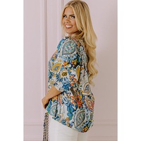Multicolour Plus Size Floral Print Half Sleeve Slit Neck Blouse - 1X thumbnail