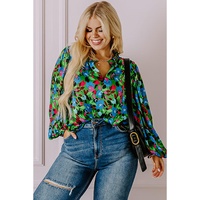 Green Plus Size Floral Bubble Sleeve V Neck Blouse - 1X thumbnail