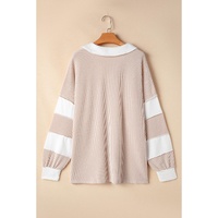 Parchment Corded Colorblock Long Sleeve Slit V Neck Plus Top - 1X thumbnail