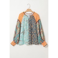 Green Floral Patchwork Lantern Sleeve Buttoned V Neck Plus Size Blouse - 1X thumbnail