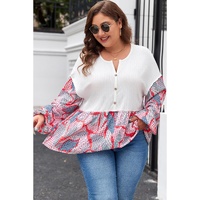 Apricot Plus Size Printed Patchwork Textured Buttoned Blouse - 1X thumbnail