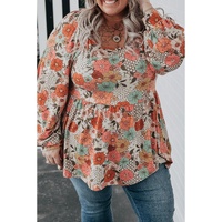 Khaki Plus Size Flower Print Square Neck Peplum Blouse - 1X thumbnail