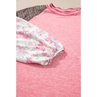 Pink Checkered Paisley Patchwork Raglan Sleeve Seamed Plus Size Top - 1X thumbnail