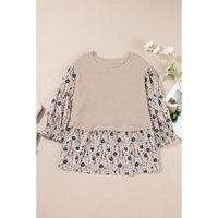 Beige Faux Two Piece Knit Patchwork Floral Print Plus Size Top - 1X thumbnail