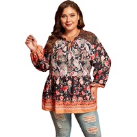 Black Plus Size Paisley Floral Print V Neck Bubble Sleeve Blouse - 1X thumbnail