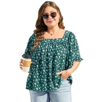 Green Floral Print Square Neck Ruffled Trim Plus Size Blouse - 1X thumbnail