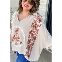 Khaki V Neck Floral Peace Sign Graphic Lace Patch Ribbed Plus Size Hooded Top - 1X thumbnail
