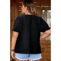 Black Floral Crochet Square Neck Ruffled Short Sleeve Flowy Plus Size Top - 1X thumbnail