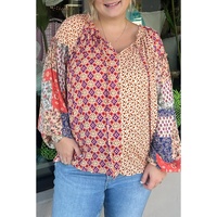 Orange Floral Geometric Patchwork Lace-up Crewneck Plus Size Blouse - 1X thumbnail