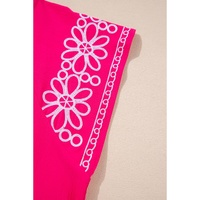 Strawberry Pink Floral Embroidered Flutter Sleeve Pleated O Neck Plus Size Blouse - 1X thumbnail
