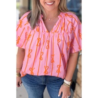 Rose Bowknot Print Shirred V Neck Puff Sleeve Plus Size Blouse - 3X thumbnail