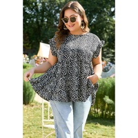 Black Leopard Print Ruffled Short Sleeve Keyhole Back Tiered Flowy Plus Size Blouse - 4X thumbnail