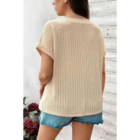Beige Lace Crochet Patched Cable Textured Cuffed Short Sleeve Plus Size Top - 4X thumbnail