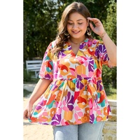 Pink Plus Size Floral Print V Neck Fit and Flare Blouse - 2X thumbnail
