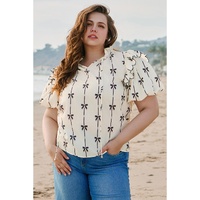 Apricot Bow Printed Ruffled Bubble Sleeve Lace-up Notched Neck Plus Size Blouse - 1X thumbnail