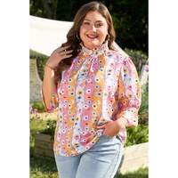 Pink Floral Ruffled Collar Bracelet Sleeve Plus Size Blouse Top - 1X thumbnail