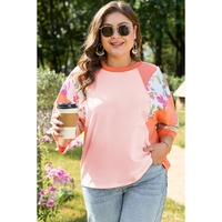 Orange Plus Size Floral Print Patchwork Raglan Half Sleeve Top - 1X thumbnail