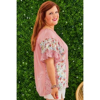 Pink Plus Size Floral Patchwork Ruffled Short Sleeve Blouse - 1X thumbnail