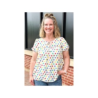 Apricot Plus Size Colorful Polka Dots Tie Neck Puff Sleeve Blouse - 1X thumbnail
