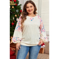 Apricot Plus Size Floral Patchwork Ribbed Puff Sleeve Top - 4X thumbnail