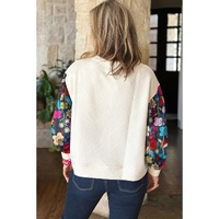 White Floral Patchwork Sleeve Textured Plus Size Pullover Top - 1X thumbnail
