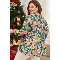 Green Floral Tied V Neck Long Sleeve Plus Size Babydoll Top - 1X thumbnail