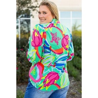 Green Abstract Printed Flounce Sleeve V Neck Buttoned Plus Size Blouse - 1X thumbnail