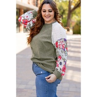 Vineyard Green Plus Size Textured Floral Patchwork Raglan Sleeve Blouse - 1X thumbnail