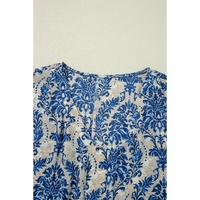 Blue Plus Size Ethnic Printed 3/4 Sleeve V Neck Loose Blouse - 2X thumbnail
