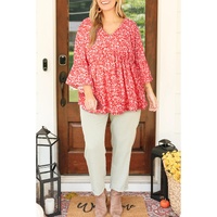 Red Plus Size Floral V Neck Flared Bracelet Sleeve Blouse - 1X thumbnail