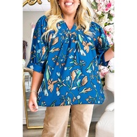 Blue Floral Notched V Neck Half Sleeve Plus Size Blouse - 2X thumbnail