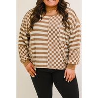 Khaki Striped Checkered Mixed Print Chest Pocket Casual Plus Size Top - 1X thumbnail