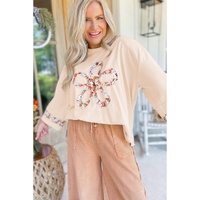 Beige Plus Size Flower Patched Side Slits Crewneck Top - 1X thumbnail