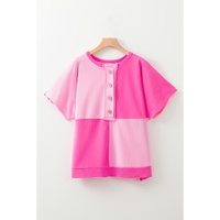 Bright Pink Colorblock Patchwork Short Sleeve Buttons Plus Size Henley Top - 1X thumbnail