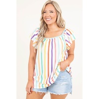 White Stripe Ruffled Sleeve Square Neck Plus Size Blouse - 1X thumbnail