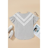 Light Grey Lace Insert Waffle Ruffle Short Sleeve Plus Size Top - 1X thumbnail