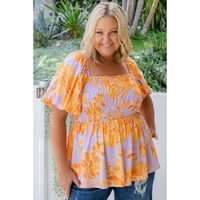 Purple Floral Puff Sleeve Square Neck Smocked Plus Size Babydoll Blouse - 3X thumbnail